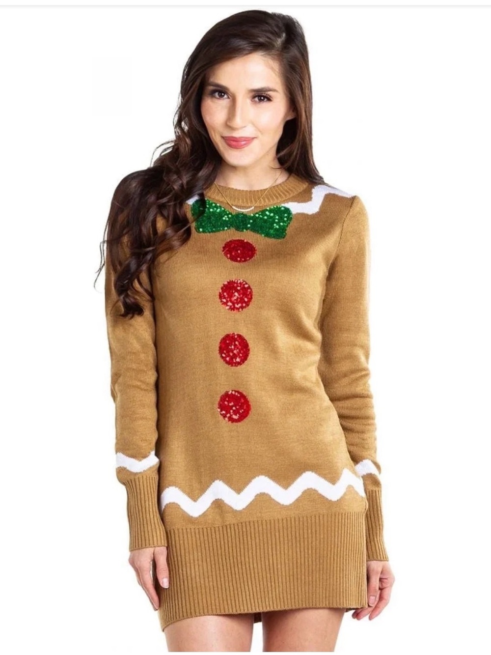 Tipsy Elves Gingerbread Sequin Bow Sweater Dress - Tan